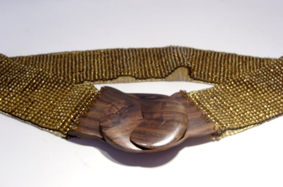 Gold Beaded Vintage Stretch Belt with Brown Wood … - image 4