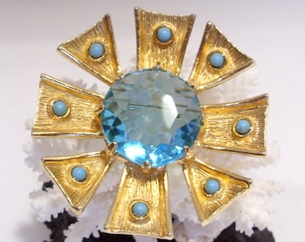 Benedikt New York Gold Plated Turquoise Brooch: Designer Maltese Cross Pin