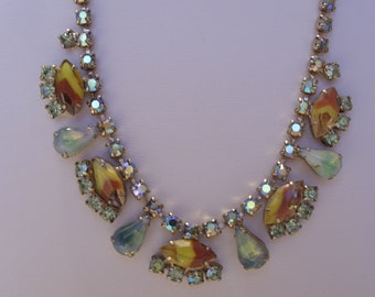 Aurora Borealis Rhinestone Choker: Yellow Brown Marquis & Teardrop Stones