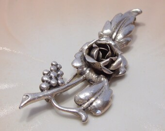 Sterling Silver Rose and Grape Vine Vintage Brooch Pin