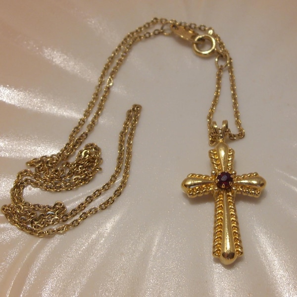 Avon Red Crystal Reversible Cross Pendant Necklace