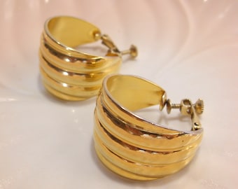 Napier Gold Hoop Earrings: Retro Ridged Clip-Ons