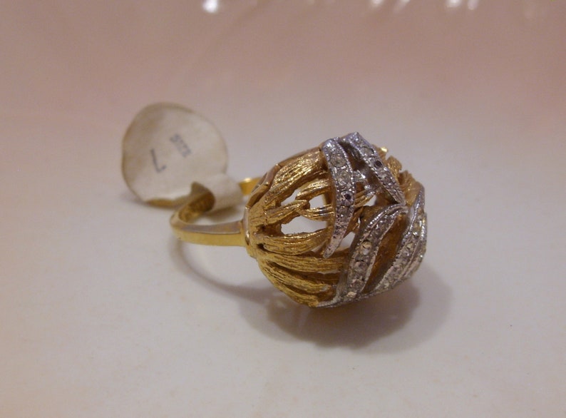 18 KT Heavy Gold Electroplate Ring with Silver Rhinestone Accents Size 7 Great Gift NOS Vintage Dome Filigree Ring