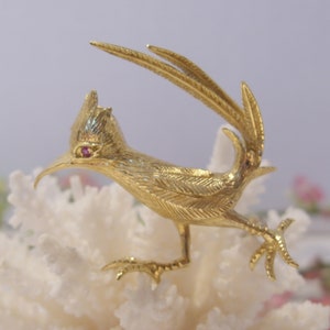 May include: A gold-toned brooch in the shape of a roadrunner bird with a red gemstone eye. The bird is perched on a white coral-like surface.