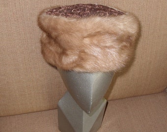 Coralie Vintage 1950's Mink Fur Hat with Quilted Top, Mid Century Vintage  Light Brown Mink Fur Hat