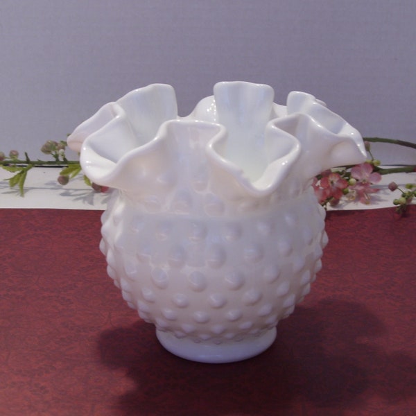 Fenton White Milkglass Hobnail Ruffled Rose Bowl Vase Collectible Vintage Fenton Milk Glass Hobnail Vase or Candy Bowl Home Decor Vase