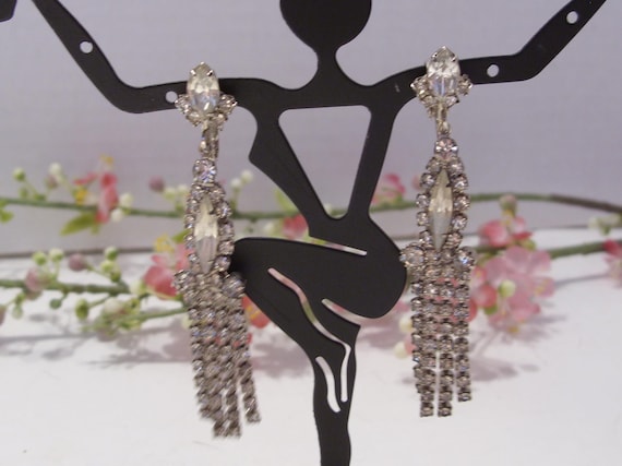 Long Clear Rhinestone Dangle Clip Earrings Mid Century Vintage