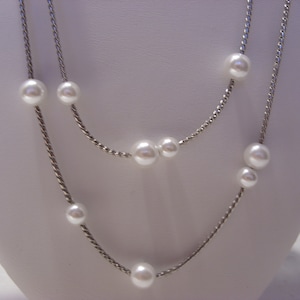 Long 60" Vintage Silver Tone Chain Necklace Assorted Size Faux Pearls