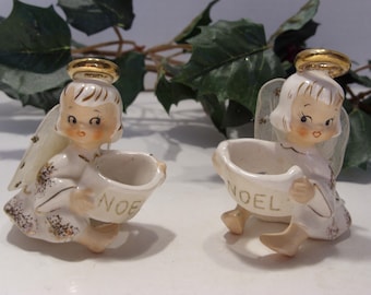 Vintage Lefton Noel Angel Candle Huggers: 1950s Ceramic Christmas Decor