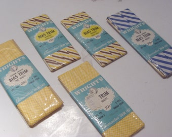 Wright's Unusual Vintage Bias Trim Group of Five Yellow Gingham, White Yellow Brown Stripe, Blue and White Stripe Collectible Sewing Notions