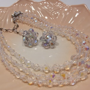 Vintage Aurora Borealis Crystal Necklace and Clip Earrings Set