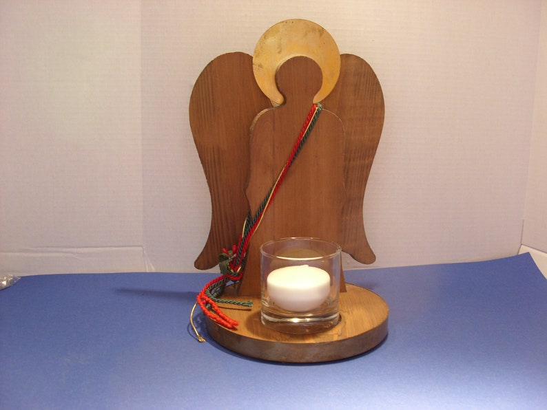 Large Wooden Angel Candle Holder With Brass Trim Accents 12 Etsy