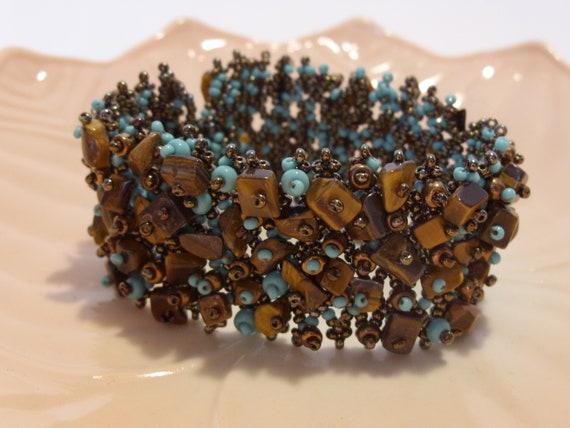 Tiger Eye Gemstone and Turquoise and Copper Glass… - image 1