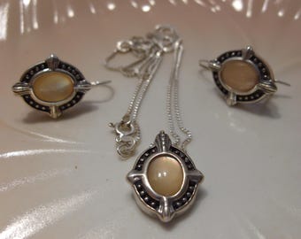 Vintage Mother of Pearl Sterling Silver Necklace and Earrings Set