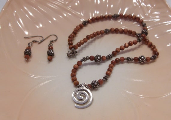 Gold Stone and Sterling Silver Bead Necklace and … - image 3