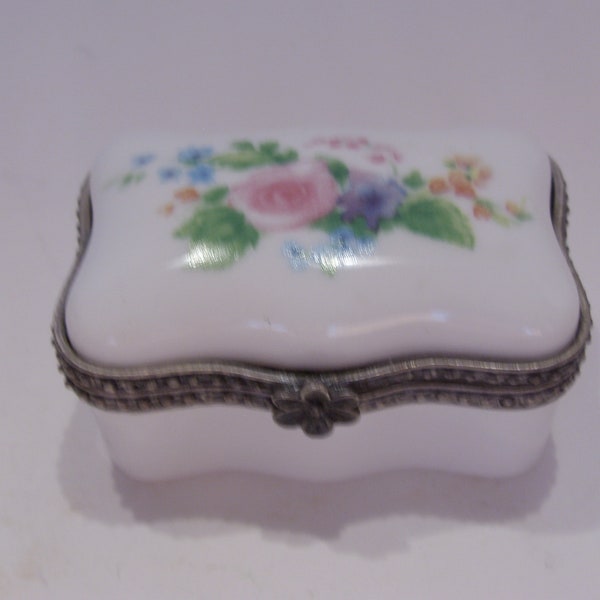 Hinged Porcelain Trinket Box with Pink, Purple, Blue and Green Floral Design Pewter Look Metal, Small Jewelry Covered Box, Great Gift