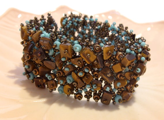 Tiger Eye Gemstone and Turquoise and Copper Glass… - image 6