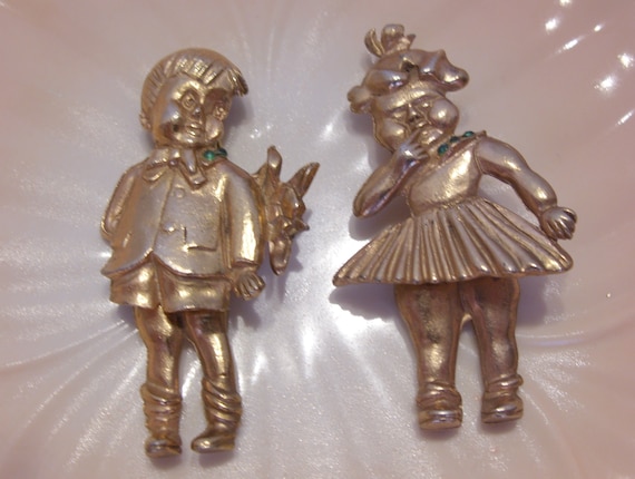 Gold Plated Moveable Boy and Girl Brooch Pins wit… - image 1