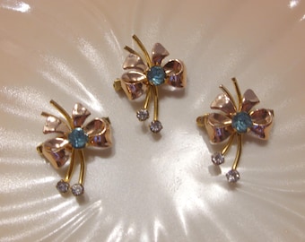 Van Dell 12K Gold Filled Bow Pins with Rhinestone Accents (Set of 3), Vintage