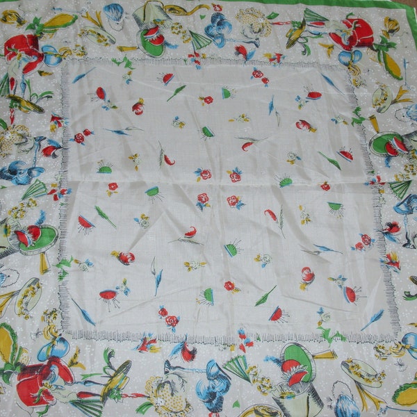 Rayon and Silk Vintage Scarf White with Green Border Pictures of Hats, Hat Boxes, Feathers, Fans, Purses and Pin Cushions Made in Japan