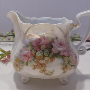German Lustre Ware Squat Footed Creamer with Pink Roses Beautiful Vintage Creamer Stamped Germany