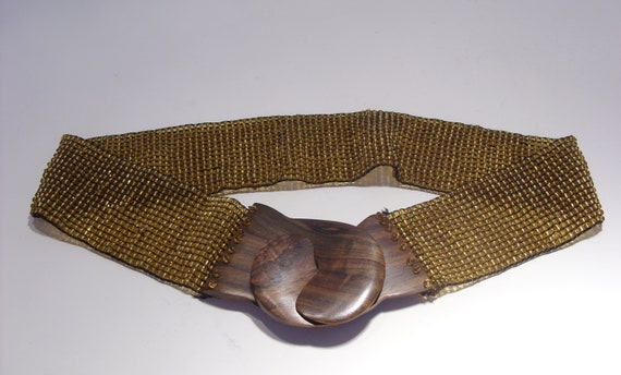 Gold Beaded Vintage Stretch Belt with Brown Wood … - image 3