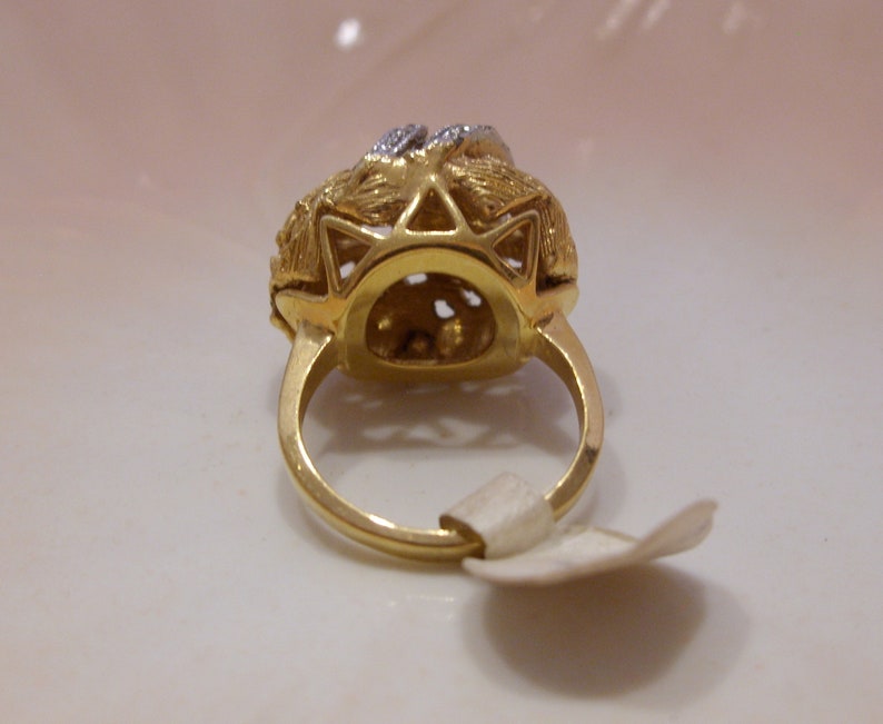18 KT Heavy Gold Electroplate Ring with Silver Rhinestone Accents Size 7 Great Gift NOS Vintage Dome Filigree Ring