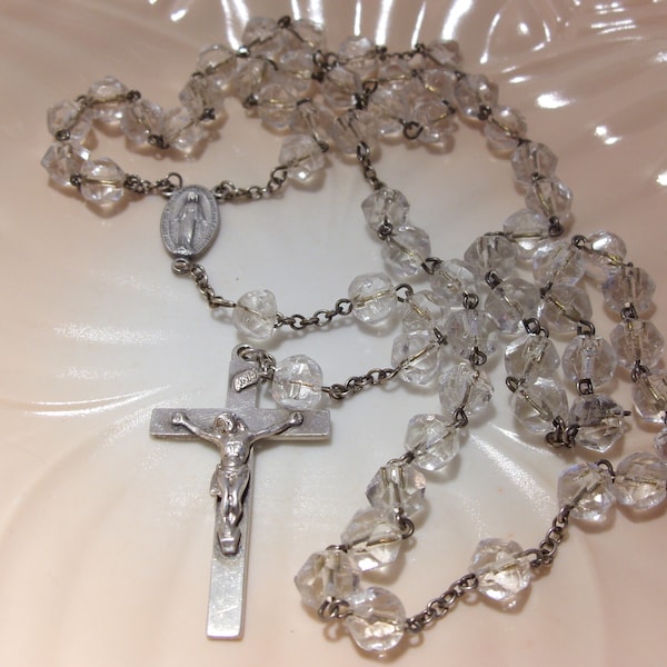 Sterling Silver Crystal Rosary, FREE SHIPPING USA, Catholic Crucifix Rosary Prayer Beads Religious Sterling Silver Crystal Bead Cross