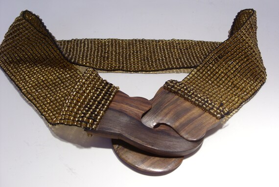 Gold Beaded Vintage Stretch Belt with Brown Wood … - image 2