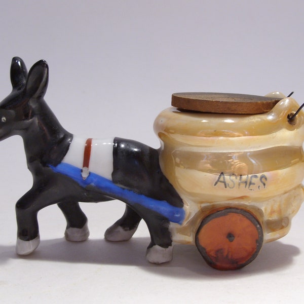 Ceramic Donkey and Ashes Cart Made in Japan, Lustreware Cart Has Wood Lid and the Word "Ashes" on the Side, Great Vintage Gift