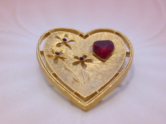 J J Gold Heart and Flower Brooch Pin, Brushed Sat… - image 7