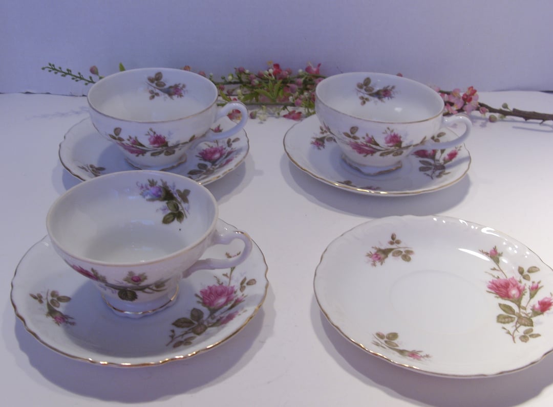Royal Rose Fine China Set of Three Footed Tea Cups With Saucers Plus