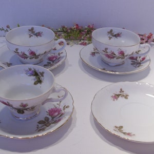 Royal Rose Fine China Set of Three Footed Tea Cups with Saucers Plus One Extra Saucer Made in Japan, Great Gift