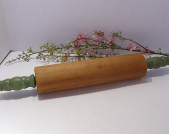 Vintage 1940's Rolling Pin With Green Wood Handles Granny Chic Kitchen Decor, Baking Tool, Utensil, Gadget Collectible Vintage Old Farmhouse