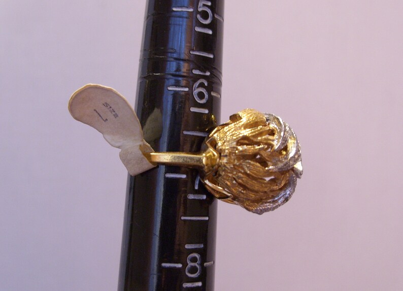 18 KT Heavy Gold Electroplate Ring with Silver Rhinestone Accents Size 7 Great Gift NOS Vintage Dome Filigree Ring