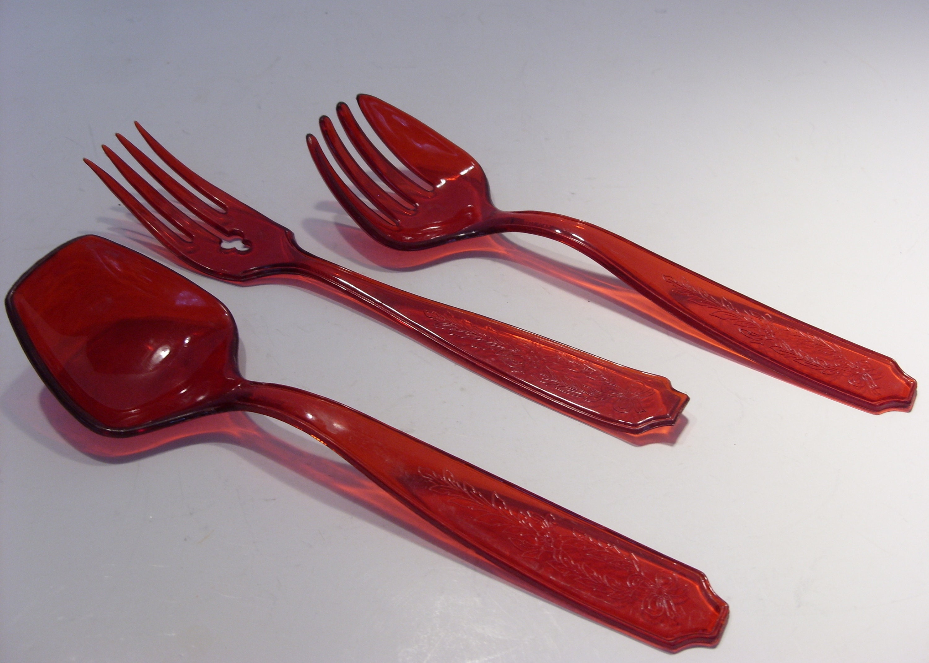 Clear Red Plastic Vintage Salad Spoon and Fork and Meat -  Israel