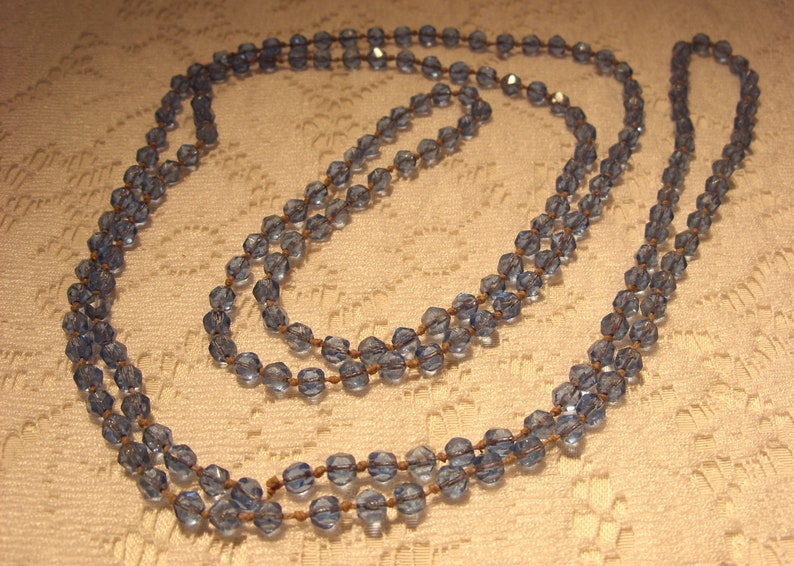 Long Vintage Blue Glass Necklace Individually Knotted 62 Inches Long Blue Faceted Glass Necklace Art Deco Roaring 20/'s Great Gift