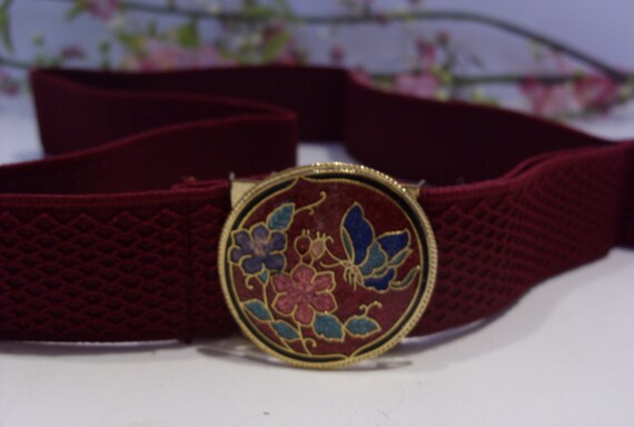Adjustable NOS Cranberry Color Stretch Belt With Cloisonne  display picture 1