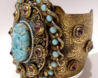 OOAK Brass Cuff Bracelet: Turquoise Art Glass, Amethyst Rhinestones & Pearls