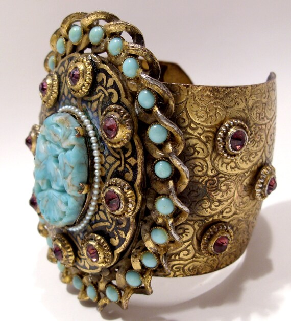 Large Brass Cuff Bracelet, OOAK Turquoise Art Gla… - image 1