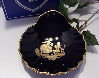 Vintage Limoges Castel Cobalt Blue Pin Dish: 22K Gold Rococo