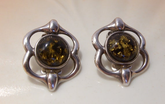 Green Baltic Amber Sterling Silver Clip Earrings