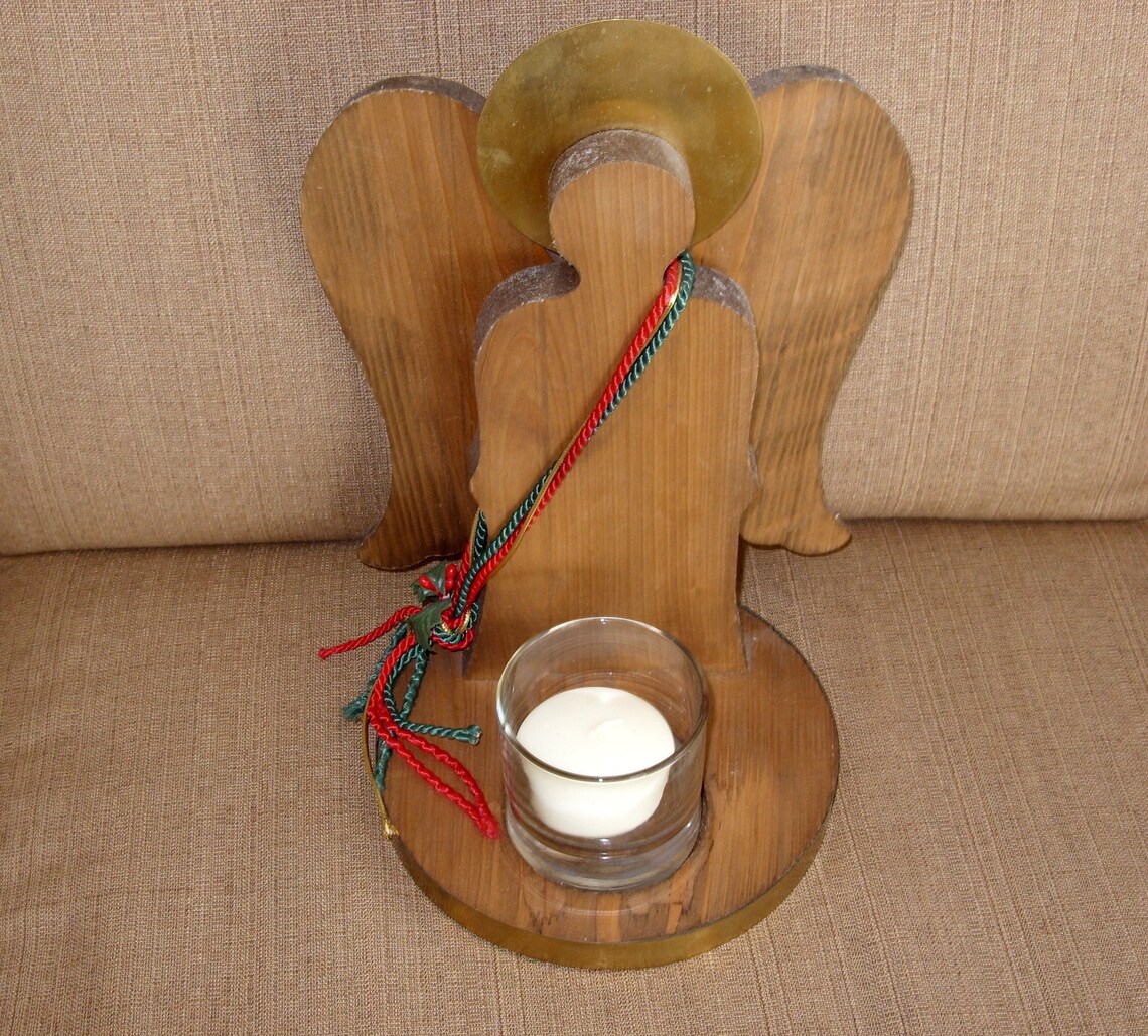 Large Wooden Angel Candle Holder With Brass Trim Accents 12 Etsy