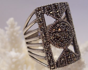 Geometric Marcasite Large Sterling Silver Ring - Circle Triangle Design, Size 8