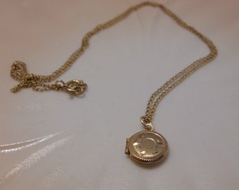 14K Gold Filled Small Round Childs Locket Pendant Necklace Etched on 16 Inch Chain Inside Locket Reads "WEH 1/20 14KGF Vintage Jewelry