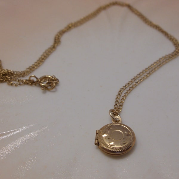 14K Gold Filled Small Round Childs Locket Pendant Necklace Etched on 16 Inch Chain Inside Locket Reads "WEH 1/20 14KGF Vintage Jewelry