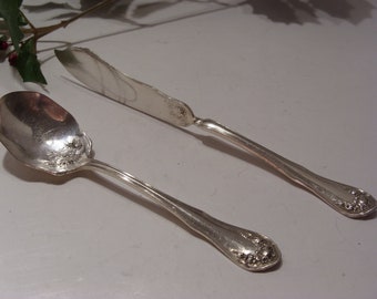 Oneida Community Reliance Plate Master Butter Knife and Sugar Spoon Bridal Rose Pattern Vintage Silverplate Flatware Serving Pieces