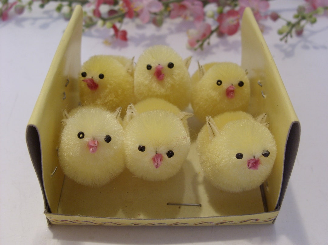 Chenille Yellow Chicks Vintage NOS Original Box Group of Six Adorable