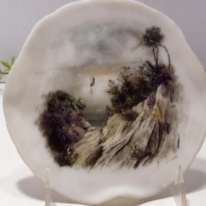 Hand Painted Small Frosted Glass Scallop Plate Lake Scene with Sailboat and Rock Cliffs and Trees 6 1/4 Inch in Diameter Signature