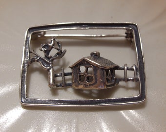 Broche vintage de plata de ley con imagen: escena de casa, cerca y árbol